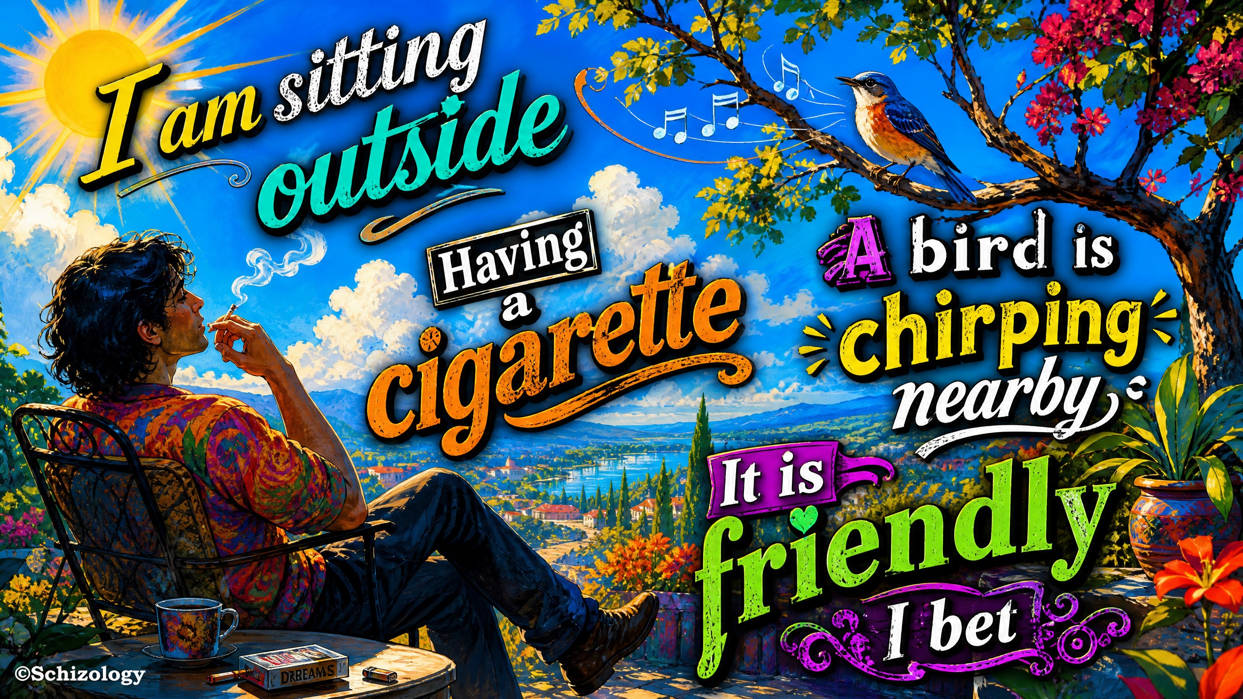 Random poem

I am sitting outside
Having a cigarette 
A bird is chirping…