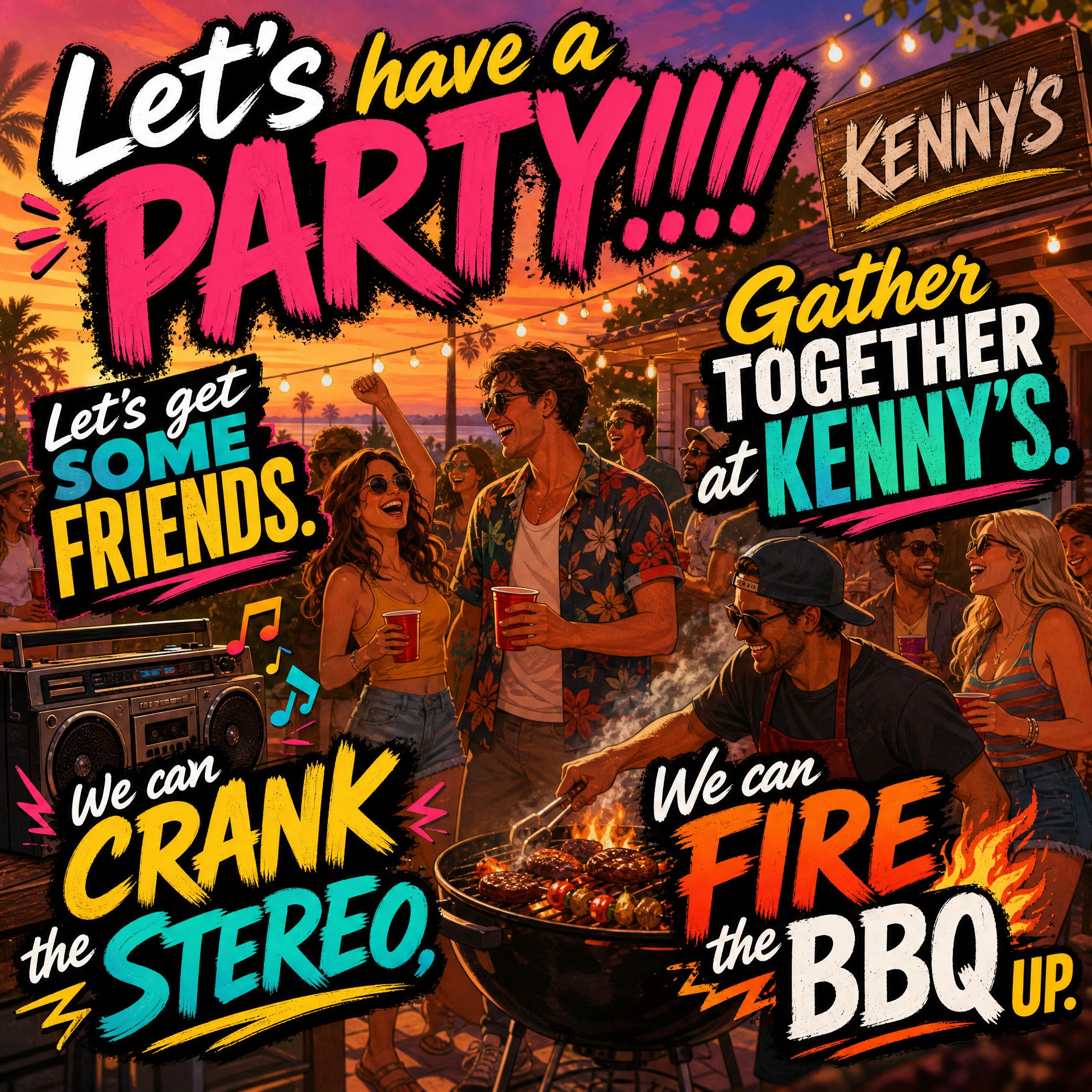 Let's party

Let's have a party!!!!
Let's get some friends
Gather together at…