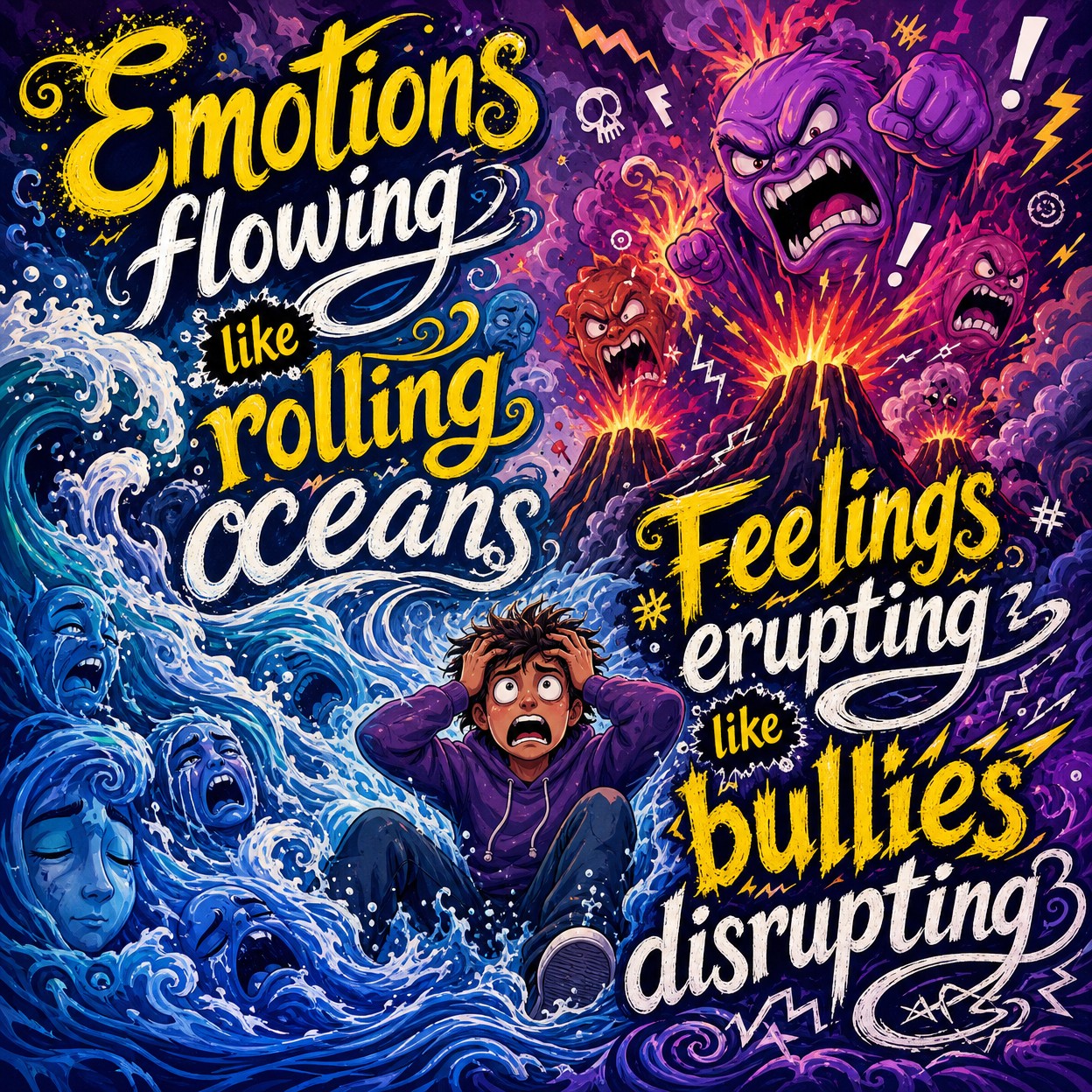 Agony

Emotions flowing like rolling oceans
Feelings erupting like bullies…