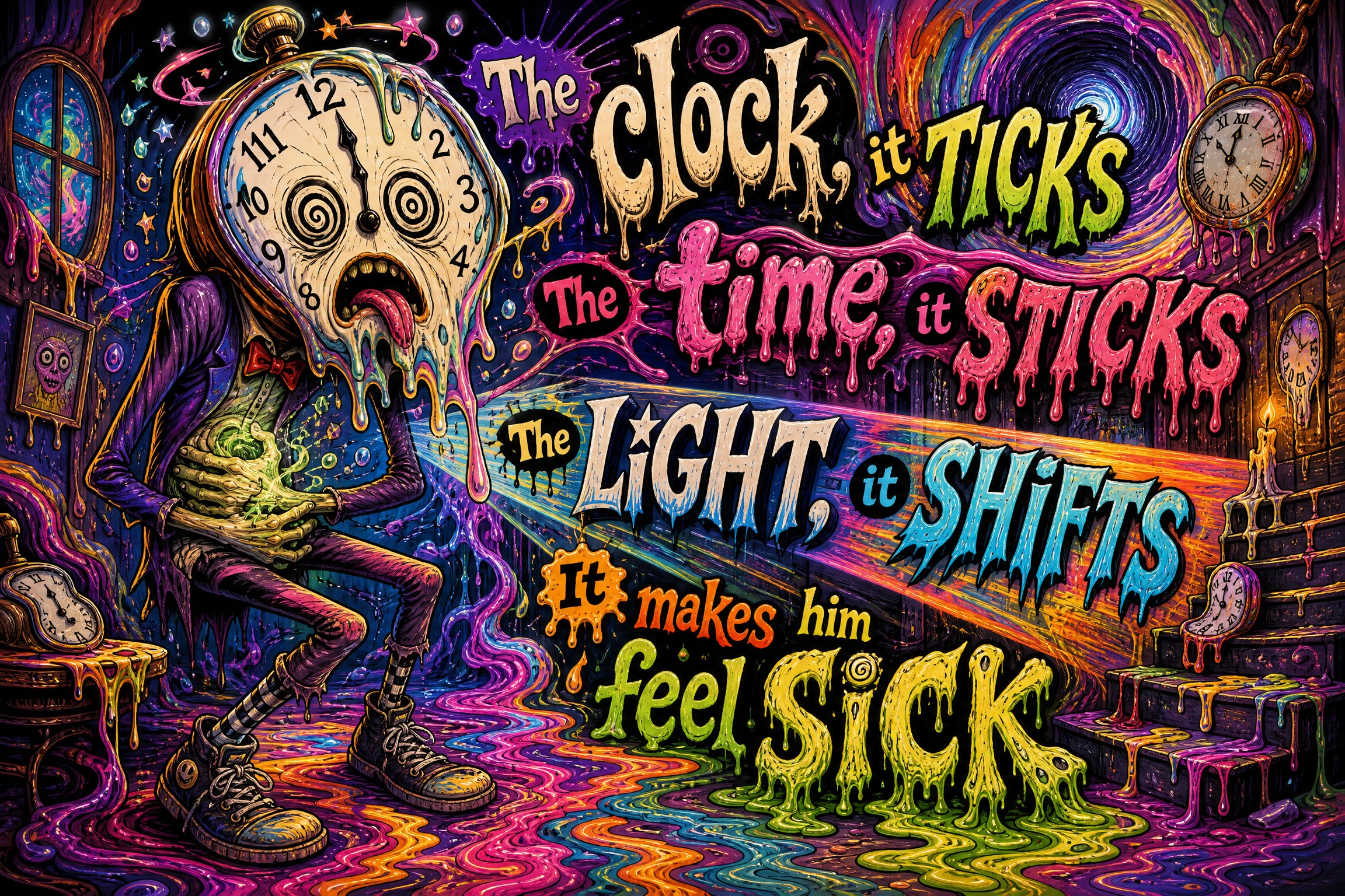 Time

The clock , it ticks
The time , it sticks
The light , it shifts
It makes…