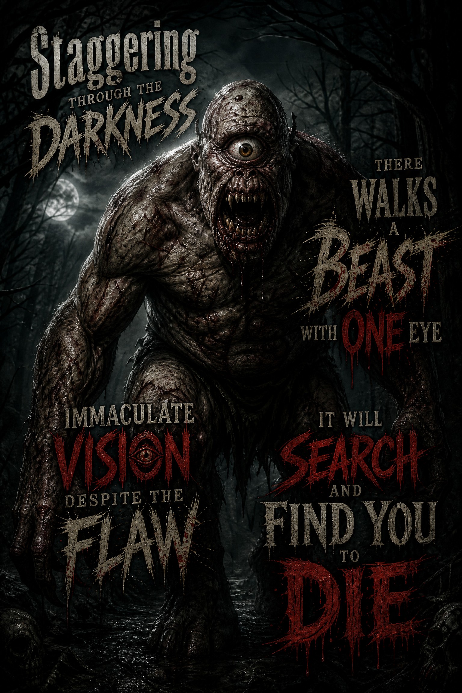 Cyclops

Staggering through the darkness
There walks a beast with one…