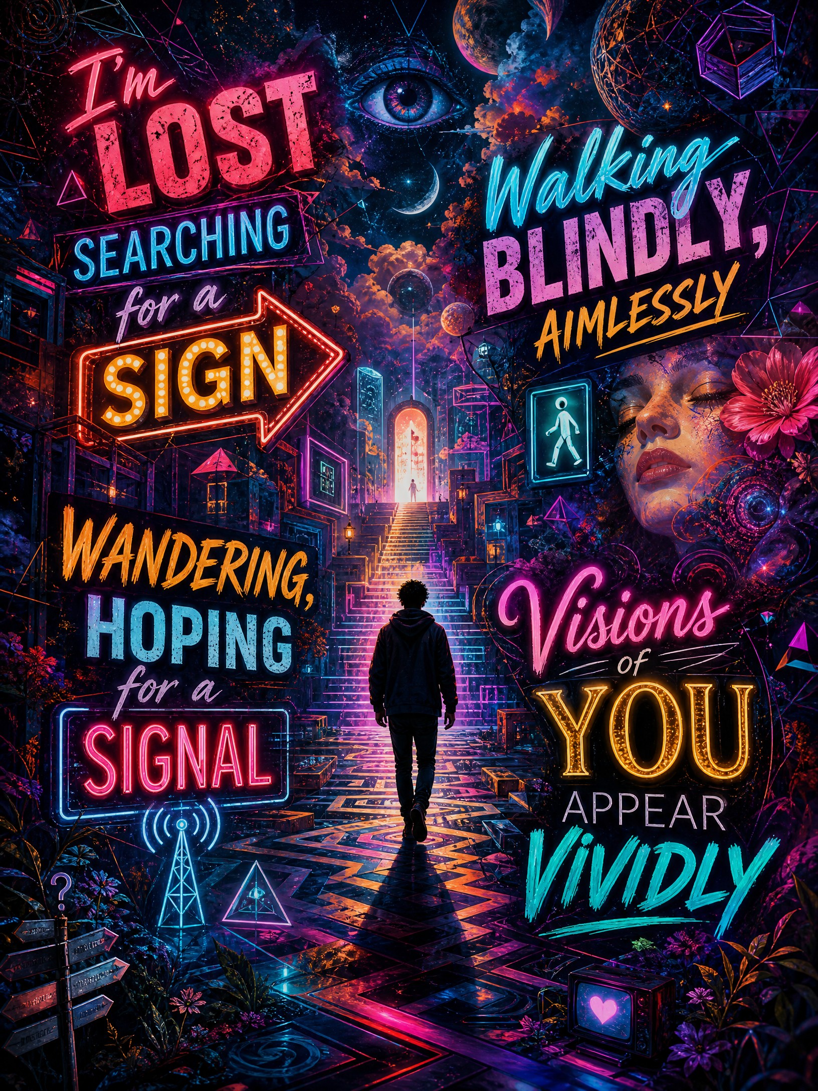 Searching

I'm lost searching for a sign
Walking blindly , aimlessly
Wandering…