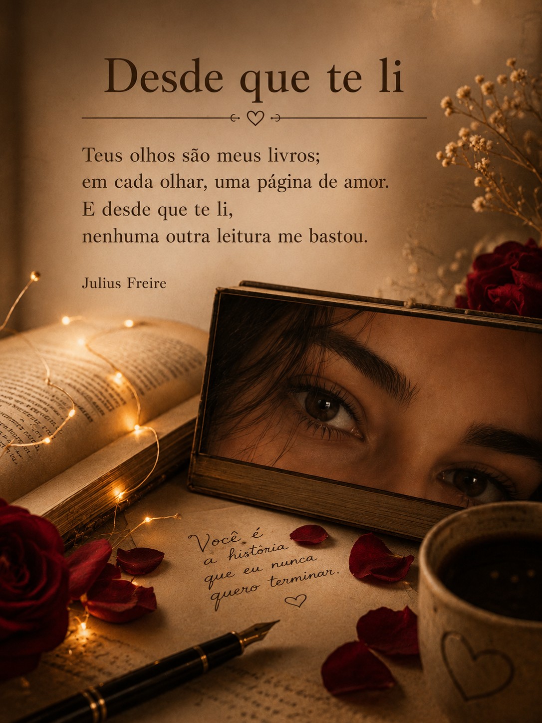 Teus olhos são meus livros;
em cada olhar, uma página de amor.
E desde que te…